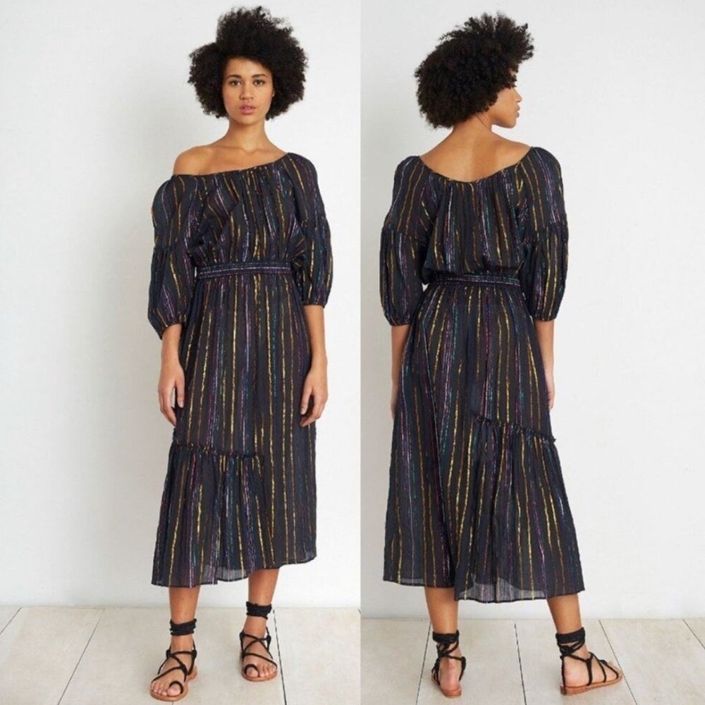 Apiece Apart Rainbow Metallic Stripe Midi Camellia Dress Size 4